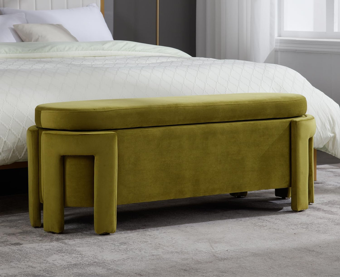 Kmax 50" Storage Ottoman Bench Modern Velvet Entryway Bench Comfy Upholstered End of Bed Bench for Hallway Entrance Bedroom Corner, Olive Green