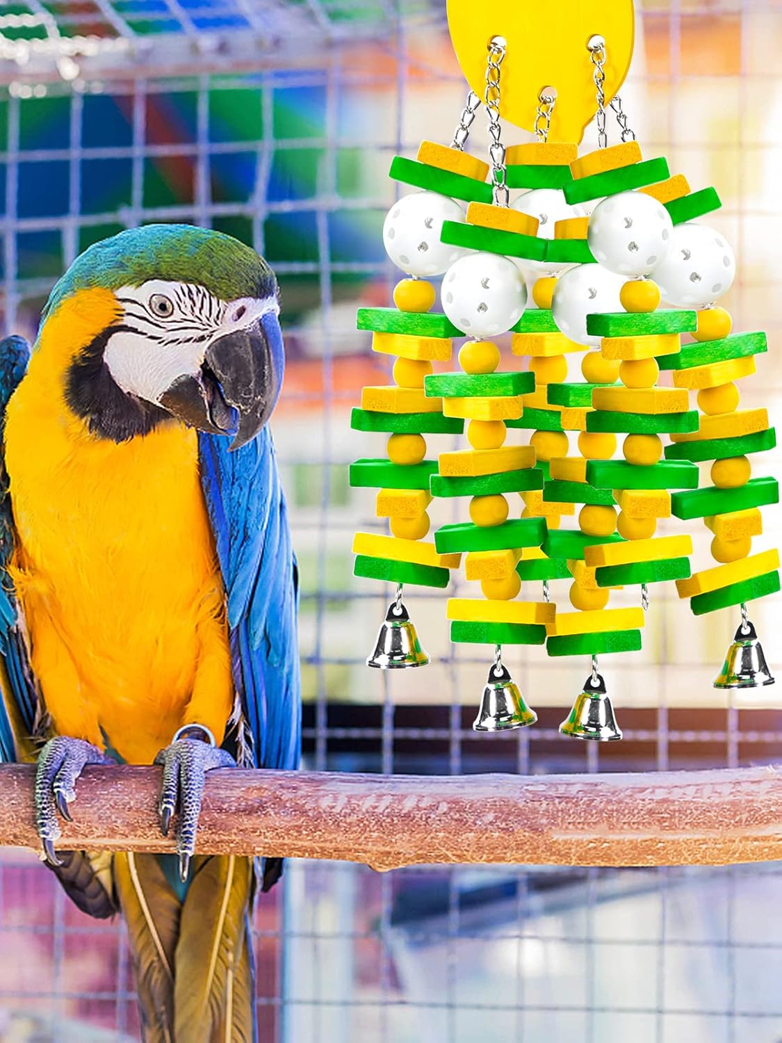 MEWTOGO Parrot Toys, Safe Healthy Parrots Cage Chewing Toy with Colorful Wood Blocks Crisp Bells for Macaws African Grey and Amazon Parrots (Lemon Style)