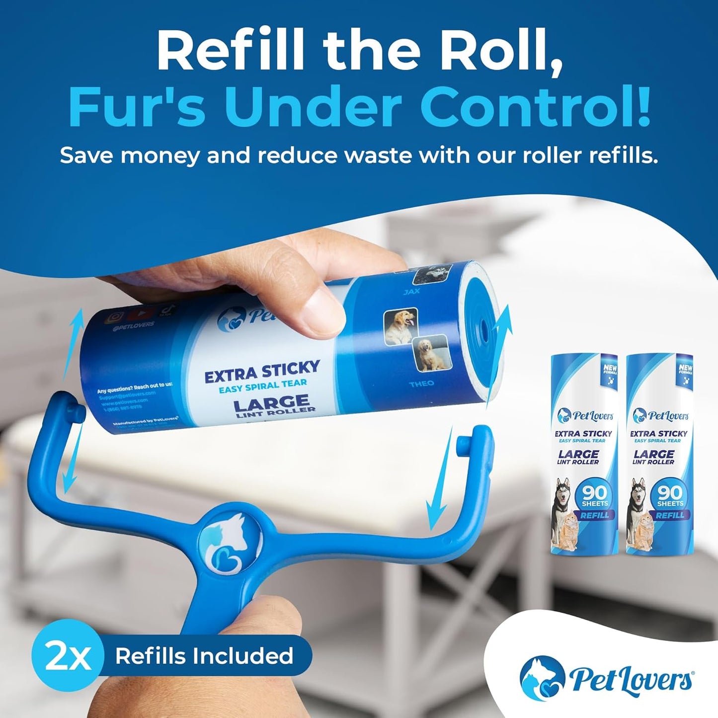 PetLovers 6.3" Large Lint Roller for Pet Hair Extra Sticky 270 Sheets, Ideal for Pet Hair Removal from Furniture & Clothes, Dog and Cat Lint Remover 3 Pack