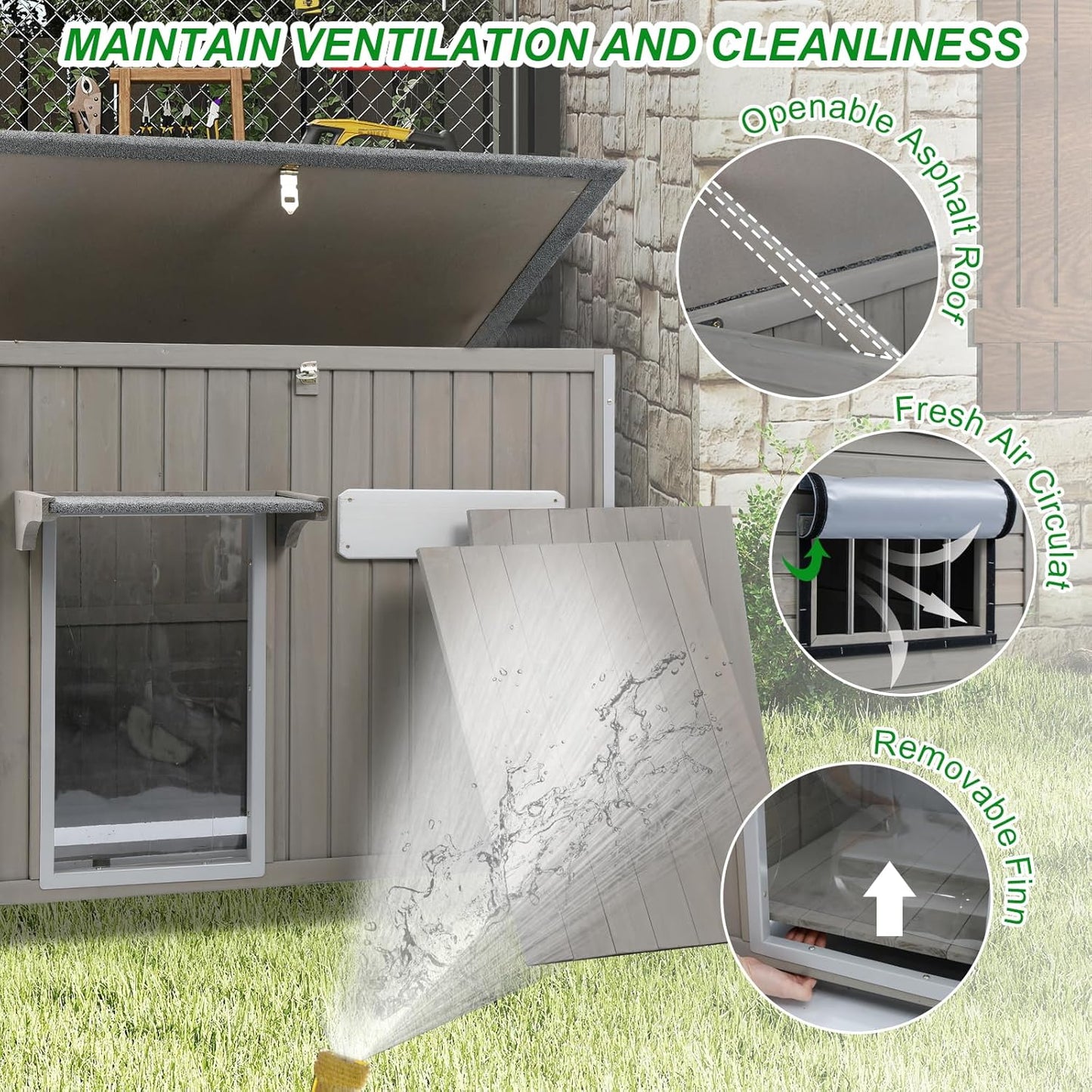 Dog House Outdoor Weatherproof & Wooden Dog Kennel with Chew-Proof Iron Frame,Removable Floor, Adjustable Vent Window, Easy Assembly for Large and Medium Dogs 43.3" D x 29.5" W x 33.5" H