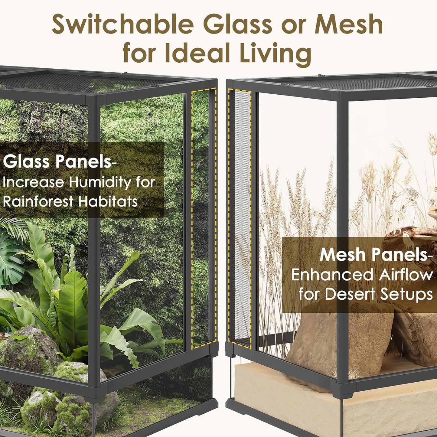 Erinnyees 74 Gallon Reptile Terrarium with Top Screen Ventilation, Snake Habitat with Heating Pad Space, Front Opening Reptile Vivarium with Sliding Cable Outlet for Leopard Geckos, Snakes, Turtles