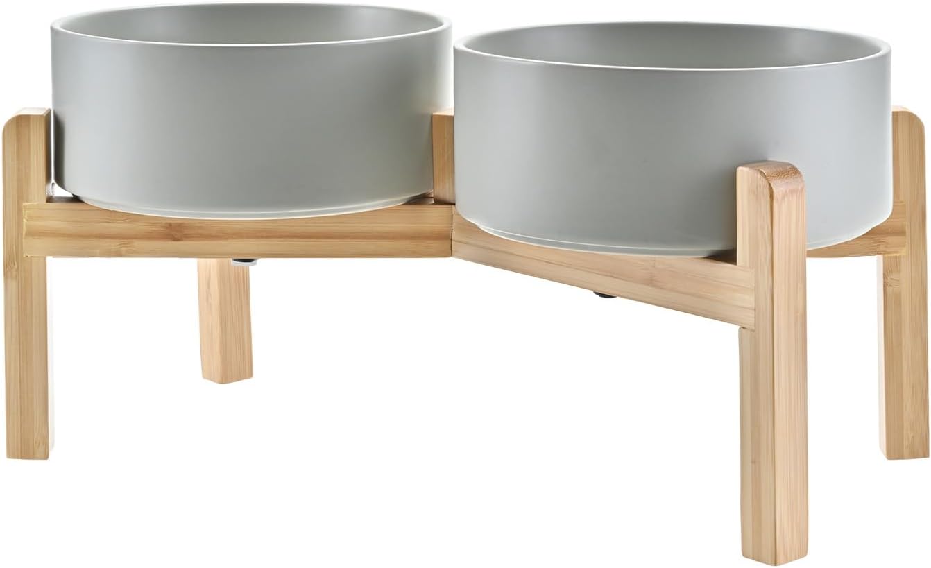 SPUNKYJUNKY Elevated Dog Bowls Ceramic, 7.3'' Dogs Food Water Bowls Raised with Non-Slip Bamboo Stand for Medium to Large Sized Breed Microwave Dishwasher Safe - 42 OZ,Grey