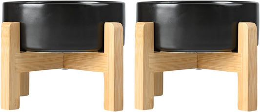 SPUNKYJUNKY Ceramic Elevated Dog Bowls 2 Pack - 8.3inch Raised Dog Bowls with Non-Slip Wooden Stand for Large Dogs Dishwasher Safe(Black,60OZ*2)