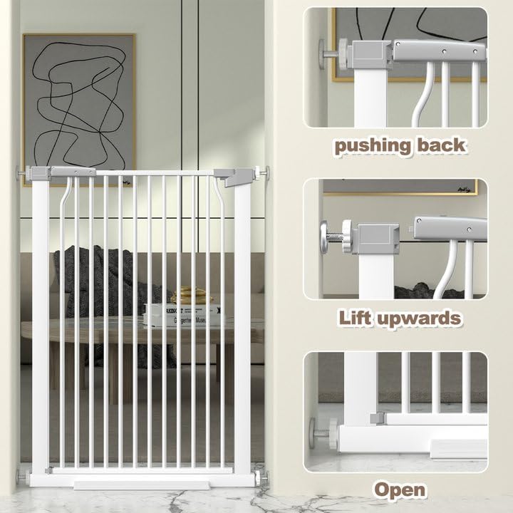 41" Extra Tall Cat Gate for Doorway, 49.2-54.7 Metal Pet Baby Safe Gate, Extra Wide Pressure Mounted Child Door with Expansion Kit, No Drilling No Climb Cat Fence Indoor, Tall Dog Gate, White
