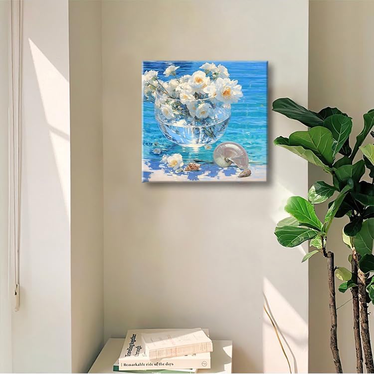 weiyiart Canvas Wall Art Beach White Flower Décor Wall Picture Blue Coastal Canvas Print Ocean Nautical Painting Seascape Vintage Artwork for Seaside Living Room Bedroom Bathroom Decor 14x14 inch