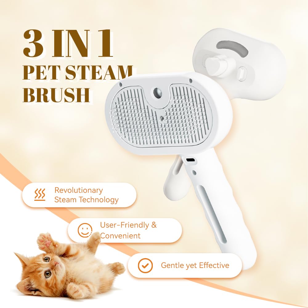Cat Steam Brush, 3 in 1 Pet Spray Hair Removal Comb for Shedding & Grooming, Pet Grooming Brush with Spray, One-Click Release Button and Tank, Spritz Defur Comb for Cats Dogs, Effective(White)