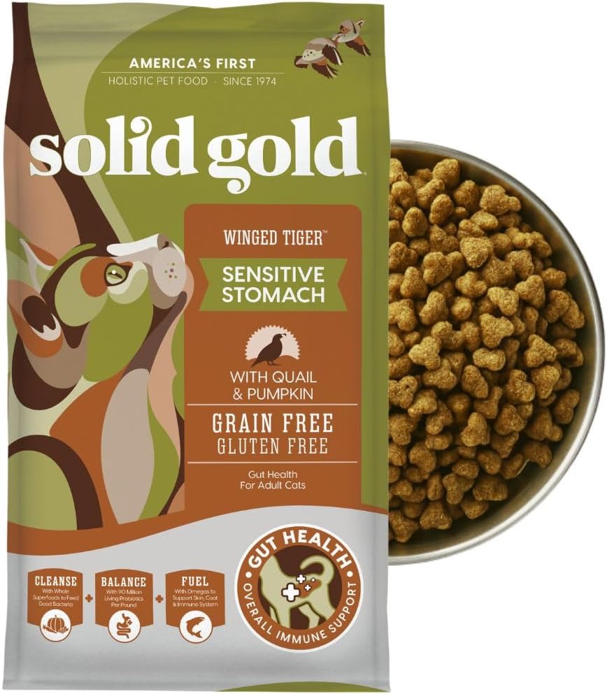 Solid Gold Sensitive Stomach Dry Cat Food - Grain Free & Gluten Free Sensitive Stomach Cat Food for Indoor Adult & Senior Cats - Dry Kibble for Cats w/Quail, Pumpkin & Probiotics for Gut Health - 6lb