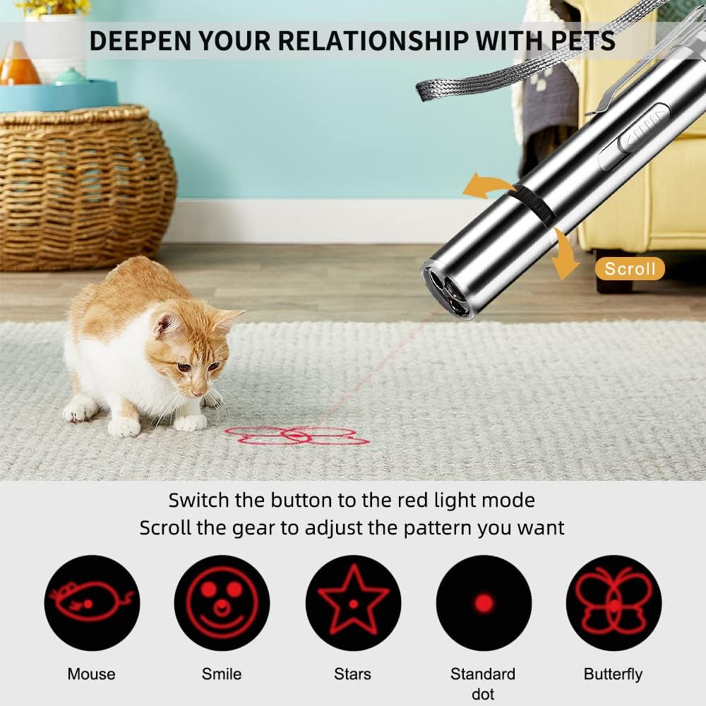 Laser Pointer Cat Toys USB Rechargeable Interactive Cat Laser Pointer with 5 Exciting Laser Patterns Torch UV and Infrared Modes Safe Pet Playtime Multi-Use Toy for Cats and Pet Owners