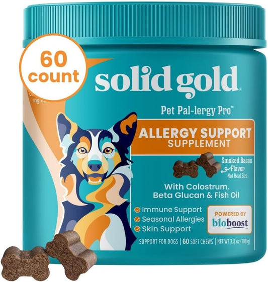 Solid Gold Dog Allergy Relief Chews - Dog Itching Skin Relief & Seasonal Allergies Support - Alaskan Salmon Oil for Dogs Skin, Coat & Immune Support - Bacon Flavor Soft Allergy Chews for Dogs - 60ct