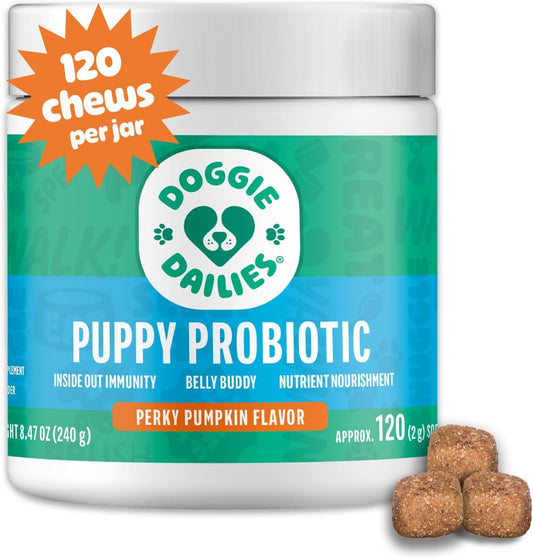 Doggie Dailies Puppy Probiotic, Probiotics for Puppies with Digestive Enzymes, Promotes Digestive Health, Supports Immune System & Overall Development (Pumpkin) 120 Soft Chews
