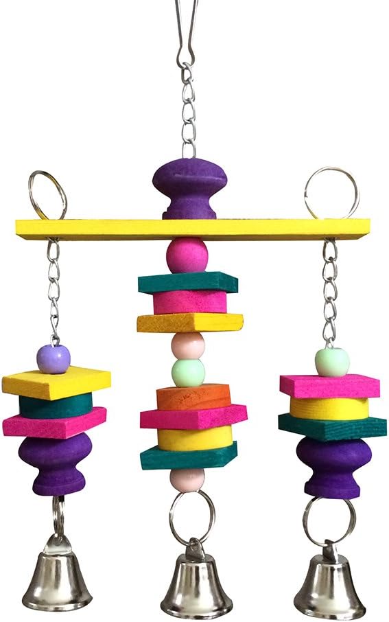 Hypeety Parrot Hanging Swing Bells Chew Toy Colorful Hanging Wood Block Natural Birds Toy for Parrot Macaw African Greys Cockatiels Budgies Conure Cage