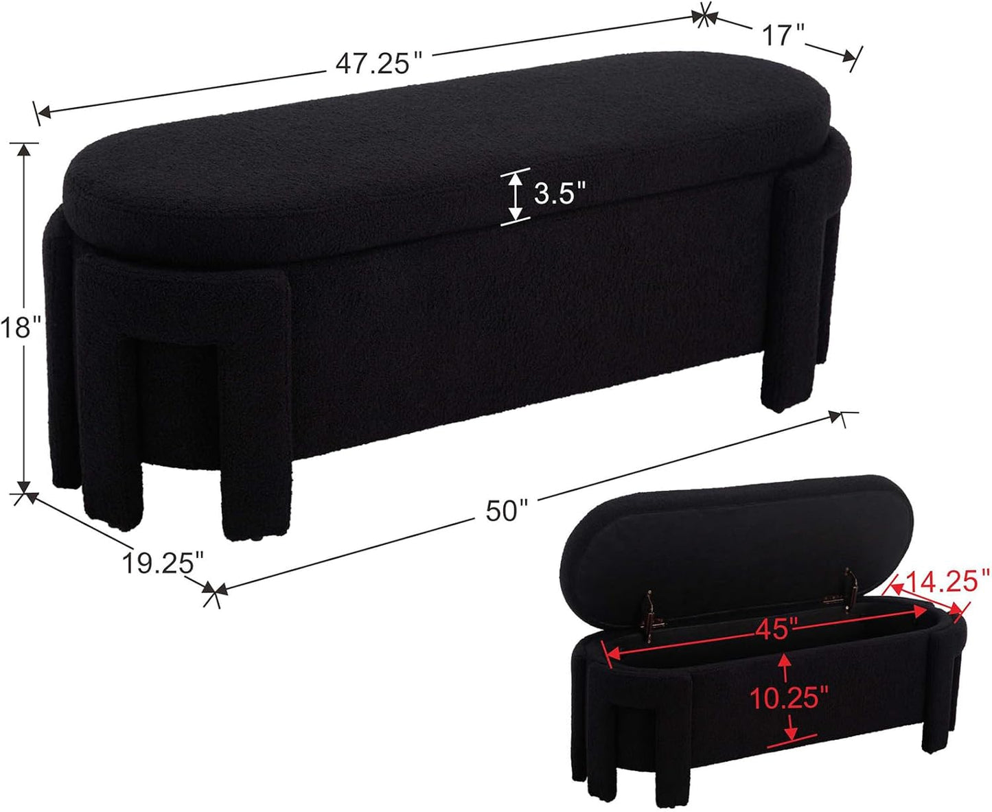 Modern Upholstered Storage Bench, Sherpa Fabric 50" Long Entryway Bench with Storage and Seating, Comfy Cute Ottoman Bench for Living Room/End of Bed/Hallway, Black