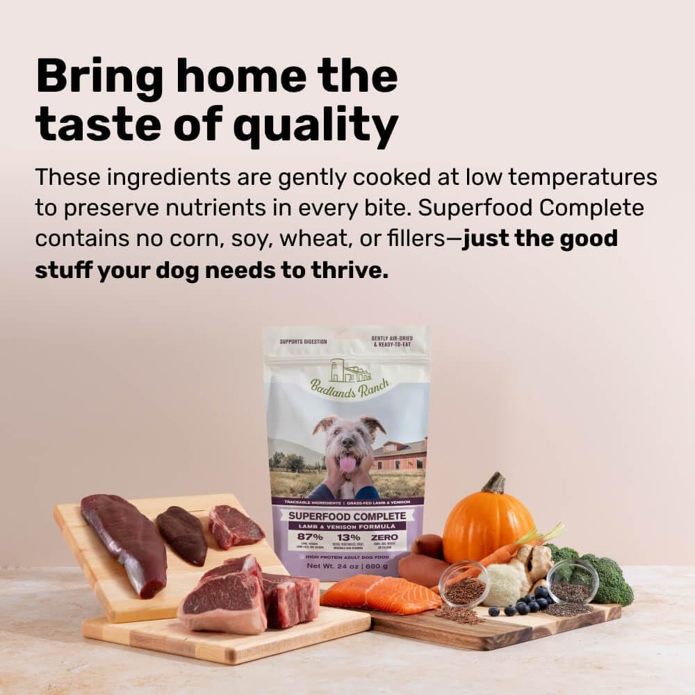 BADLANDS RANCH by Katherine Heigl- Superfood Complete, Air-Dried Adult Dog Food - High Protein, Zero Fillers, Superfood Nutrition (64 Ounce (Pack of 4), Lamb & Venison)