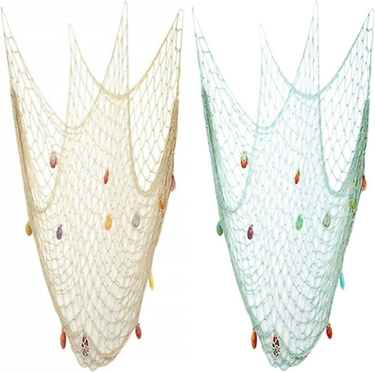 Nature Fish Net Wall Decoration with Shells, Ocean Themed Wall Hangings Fishing Net Party Decor for Pirate Party,Wedding,Photographing Decoration (2pack-Beige/Aqua)