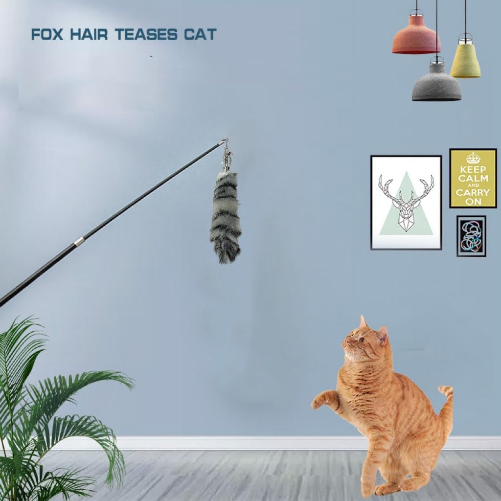 Interactive Cat Wand Toy with Cat Dancer, Retractable Feather Fox Tail Teaser for Indoor Cats, Enrichment Play Kittens to Senior Cats(Arctic White)