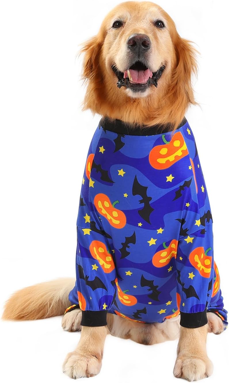 HDE Dog Pajamas One Piece Jumpsuit Lightweight Dog PJs Shirt for M-3XL Dogs Starry Pumpkins - 2XL