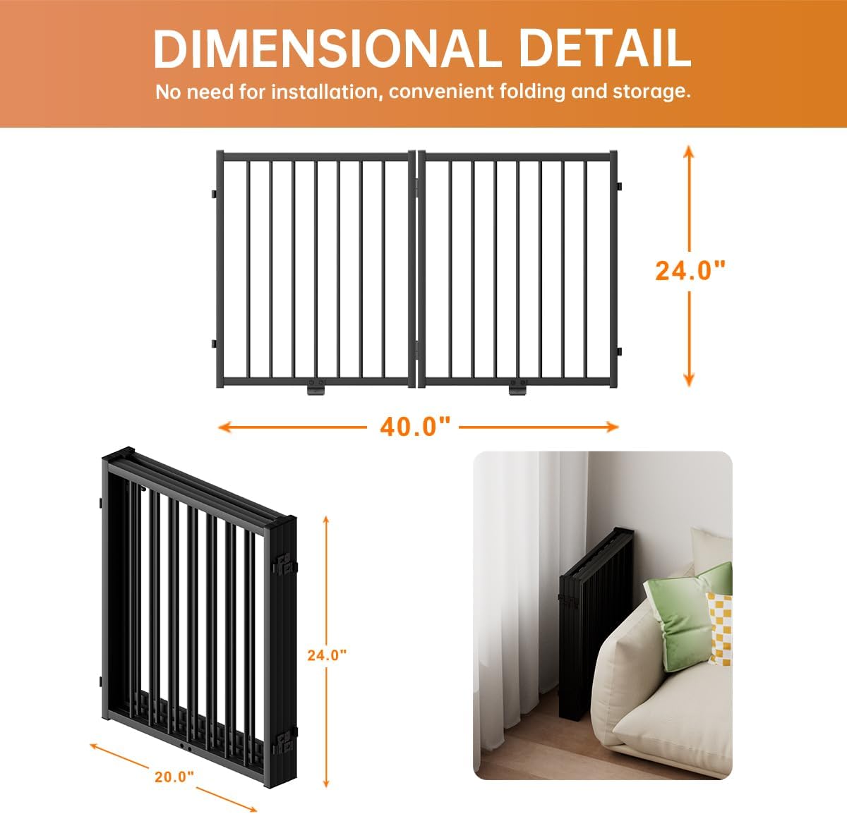 Full Metal Freestanding Dog Gate with Door, 24'' Height Foldable Pet Dog Fence for Indoor & Outdoor, 2 Panels Extra Wide Free Standing SmallDog Gates for Doorways,House,Stairs,Porch,Deck,Yard