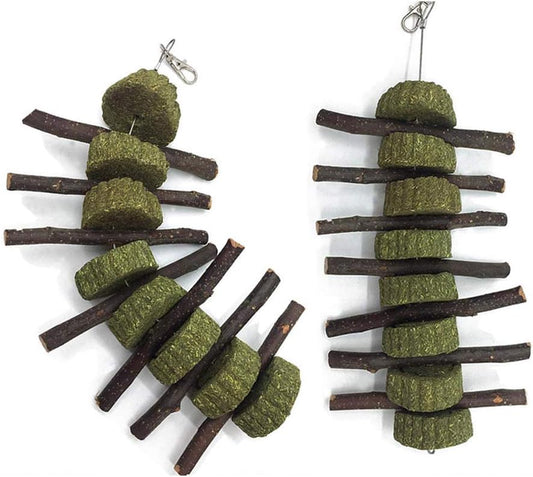 Bunny Chew Toys for Teeth, 2 PCS Organic Apple Wood Molar Sticks with Timothy Hay Circles for Bunny Chinchilla Guinea Pig Hamsters Holland Lop Prairie Dogs Squirrels, Improves Dental Health