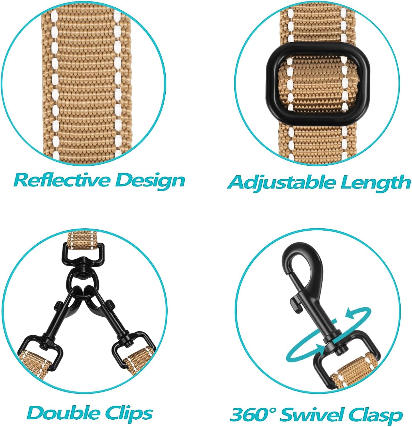 PetBonus Double Dog Leash, No Tangle Dual Leash, Reflective Walking Training Lead, 4 Comfortable Padded Handles for 2 Dogs with Collapsible Bowl and Waste Bags (Light Khaki, Large)