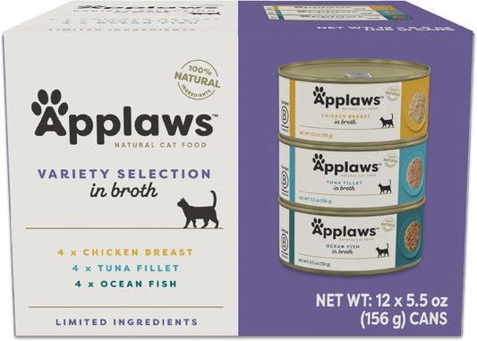 Applaws Natural Wet Cat Food, Limited Ingredient, Grain-Free, Protein with No Artificial Additives, Variety Pack in Broth (12 x 5.5oz Cans)