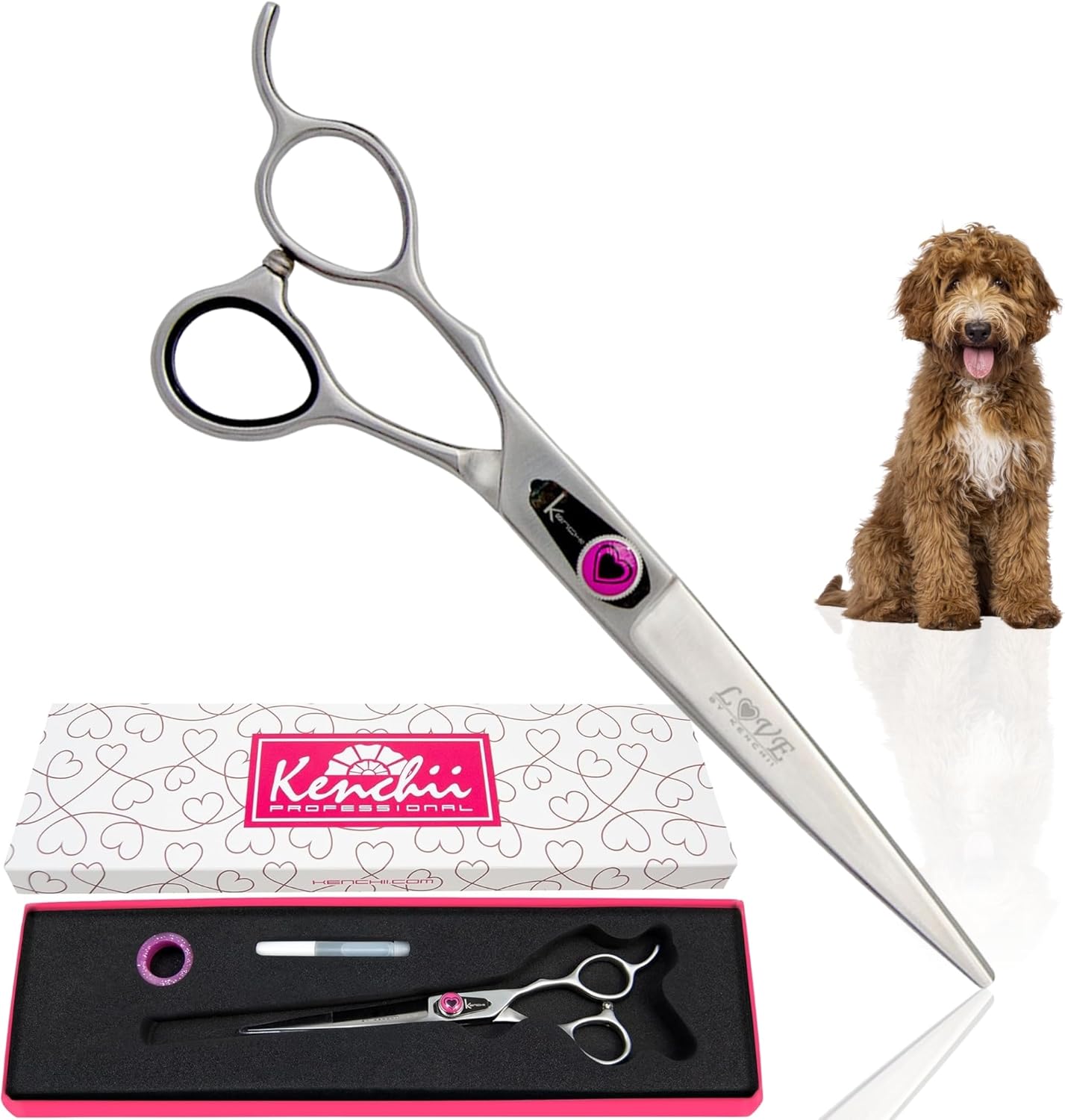 Kenchii Love Left Handed Dog Grooming Scissors, 7 Inch Straight Shears, Dog Scissors for Grooming, Professional Pet Grooming Scissors, Ergonomic & Comfortable