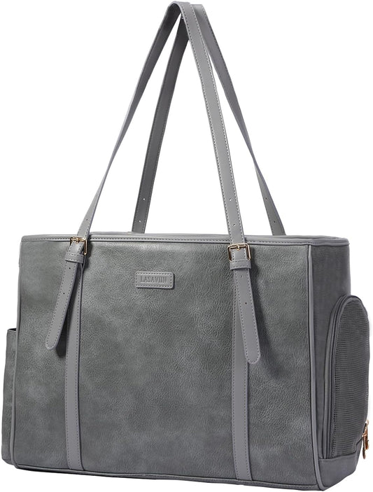 Fashion Dog Purse Pet Carrier Leather Bag for Small Dogs Cats Puppy, Portable Tote Bag Airline Approved Soft-Sided Carriers (Grey)