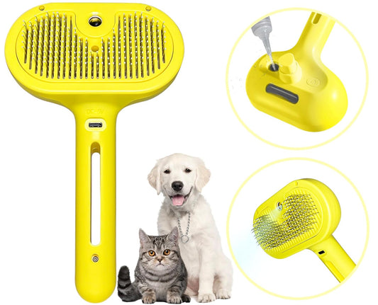 Cat Brush for Shedding - Pet Hair Removal Comb with Water Tank, Steam Brush, Cat Bath Brush, Dog Brush - Yellow