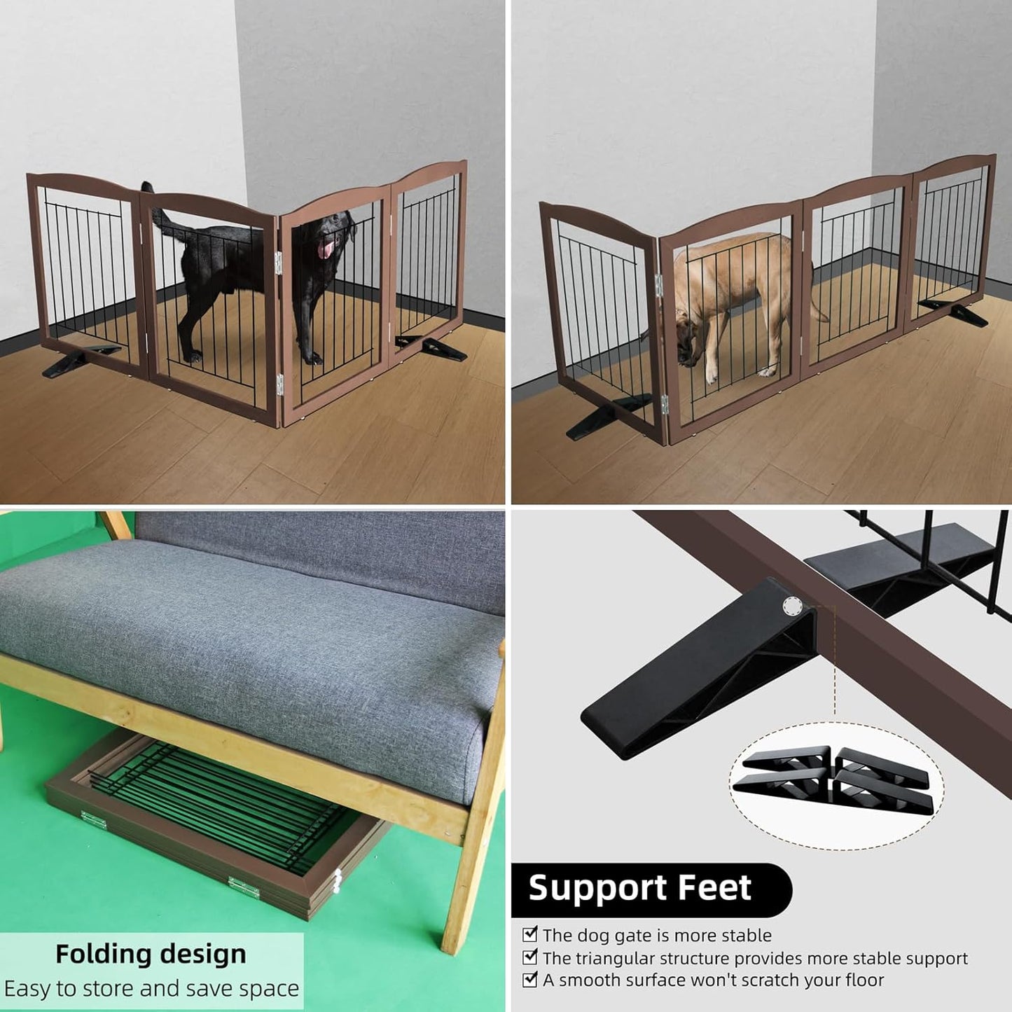 ZJSF Freestanding Dog Fence Indoor, Foldable Dog Gate for Doorways, Stairs or Hallways, Sturdy Wood Extra Wide Pet Gate with Support Feet for The House, Brown, 32 "Height-4 Panels
