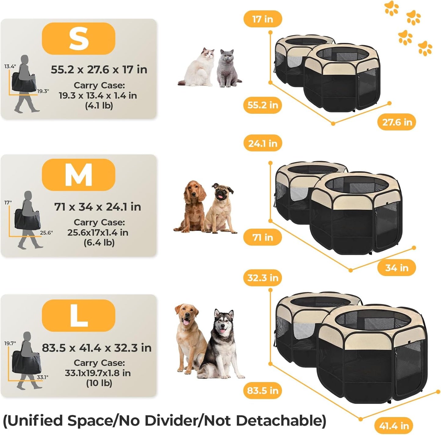 EighteenTek 2-in-1 Pop Up Cat Playpen, Assembly-Free Dog Puppy Pet Playpen, Indoor Outdoor Cats Enclosed, Cat Tent House Crate Cage, Portable & Foldable Playpen for Kittens(No Divider, Unified Space)