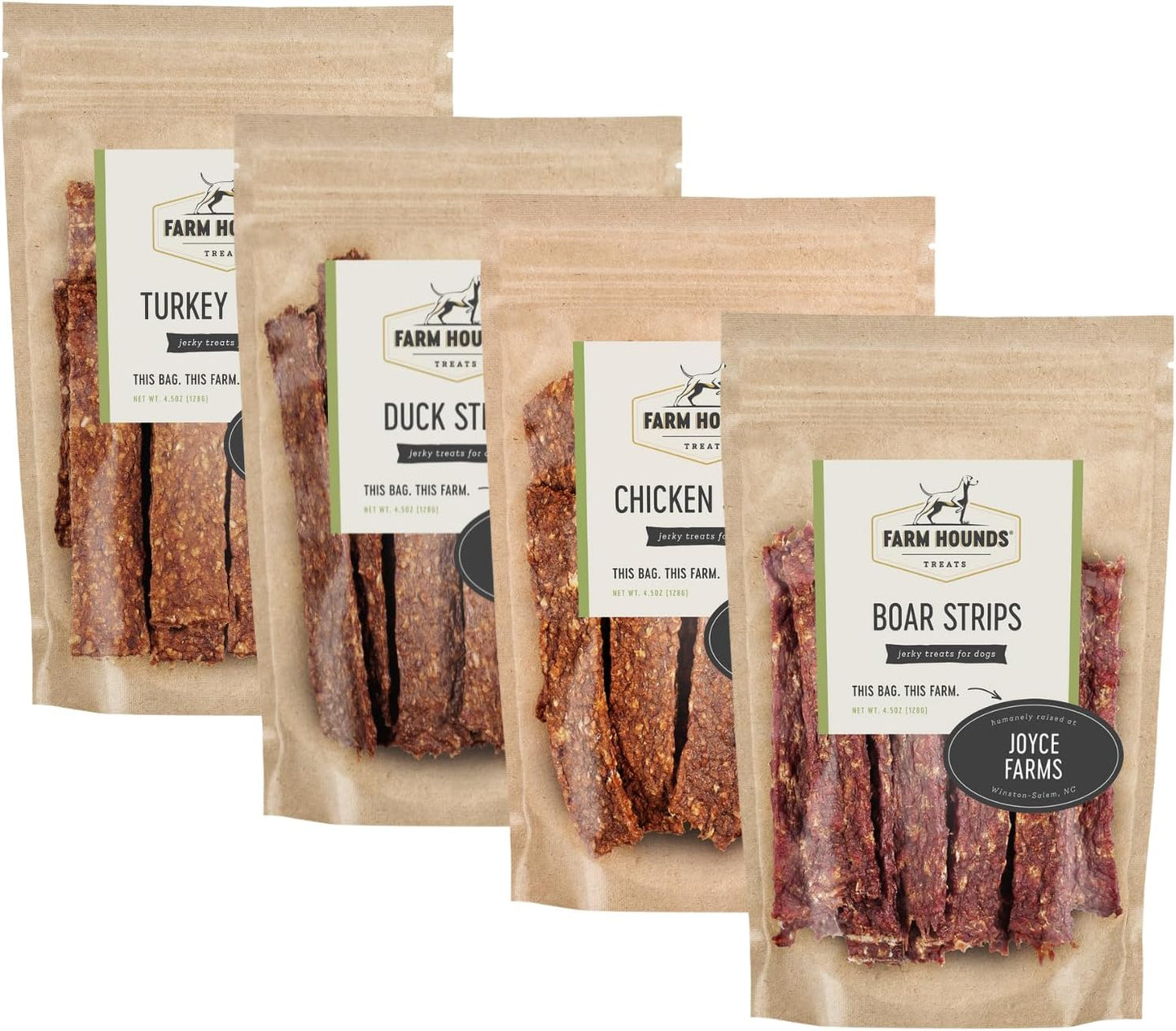 Farm Hounds - Strips Bundle - Boar, Chicken, Duck & Turkey - Premium Natural Jerky For Dogs - Humanely Raised - Break-To-Size - For Training & Treats - No Added Fillers - Made in USA - 4.5 oz - 4 Pack