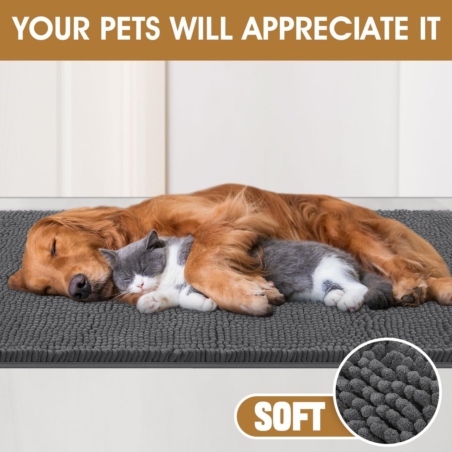 IM HOME Extra Large Dog Door Mats for Muddy Paws, Chenille Absorbent Dog Mats, Non Slip Heavy Mud Mat for Dogs, Soft Pet Mat for Entryway, Mud Paws, Inside Floor,71" x 25", Grey