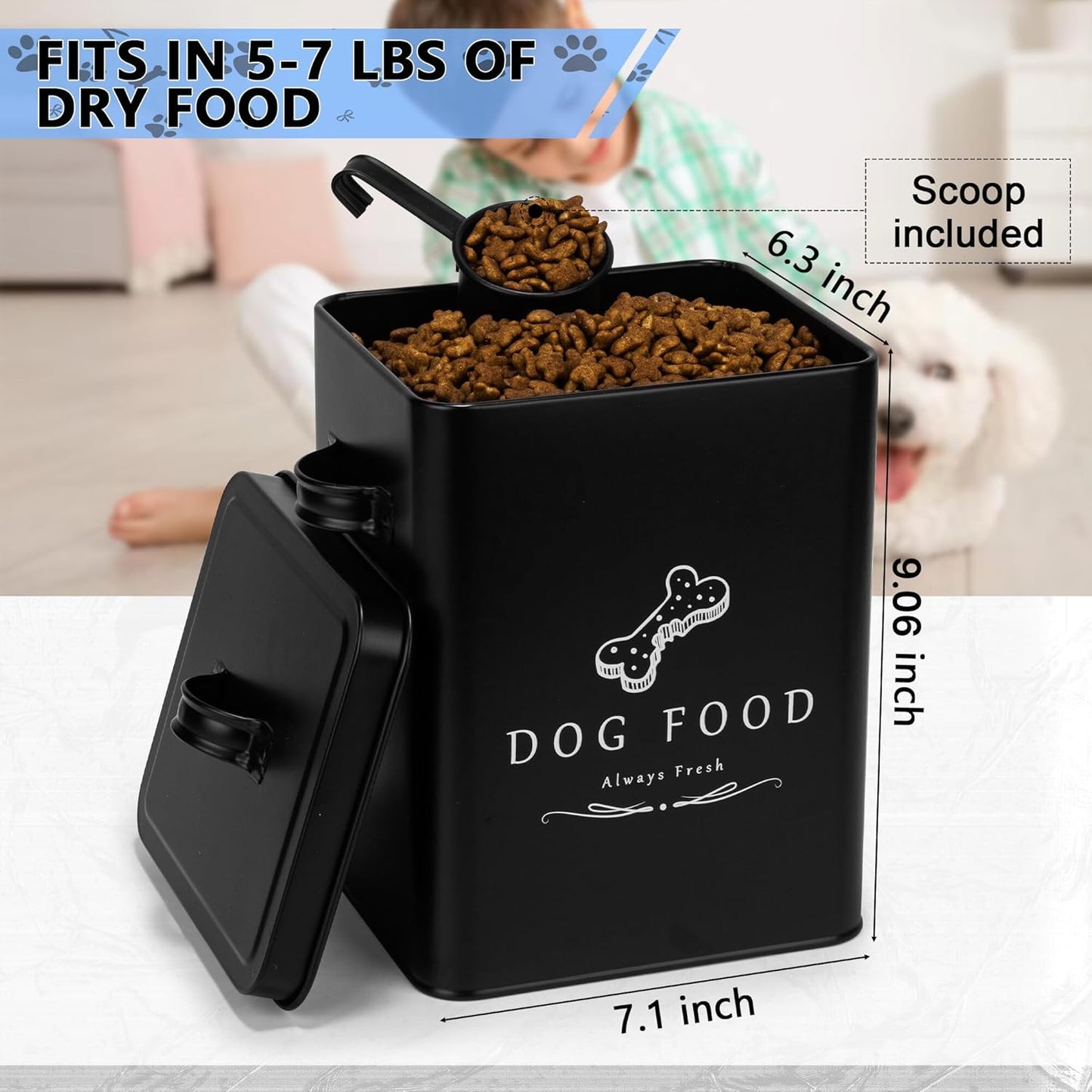 Meraki Home Small Dog Food Container and Dog Treats Container - Tight Lids - Feed Scoop and Pet Food Bowl - Farmhouse Metal Storage Bin - Matte Black