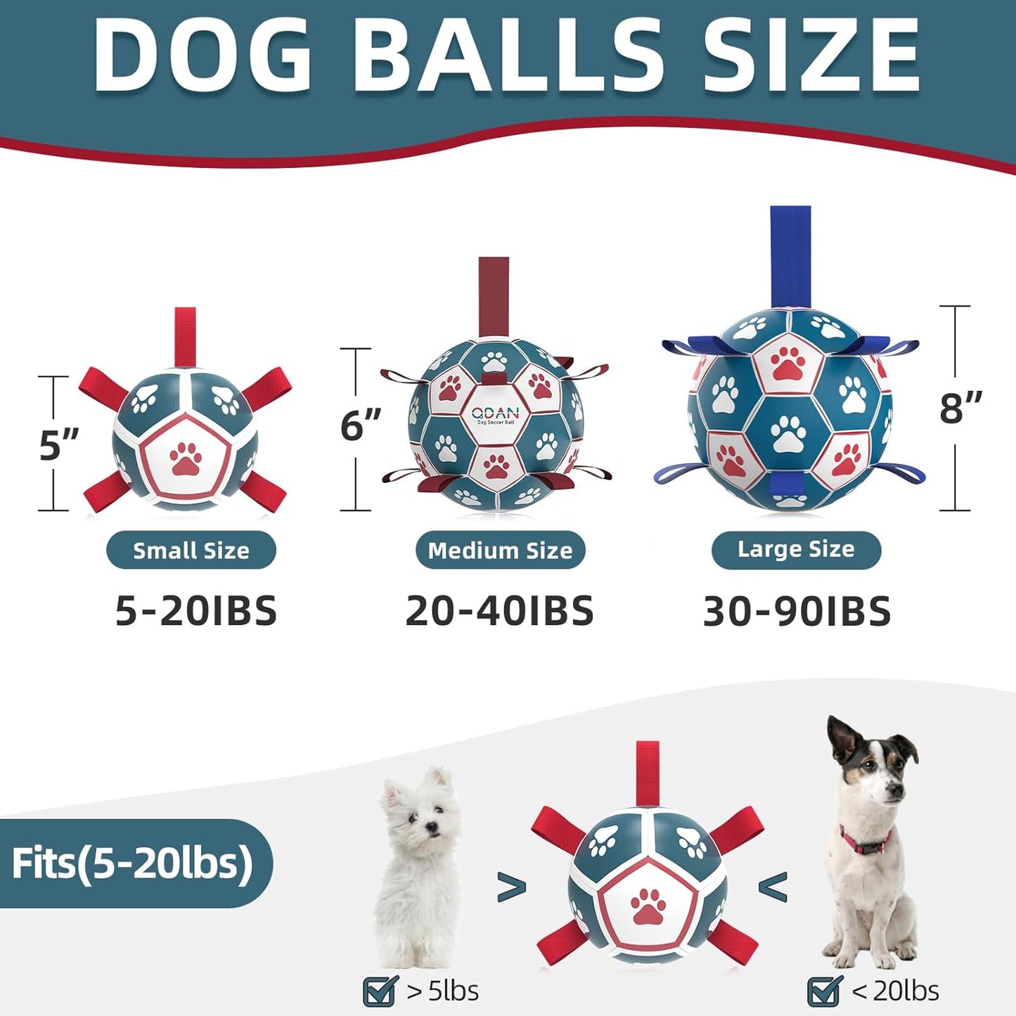QDAN Dog Toys Soccer Ball with Straps, Outdoor Toys for Tug of War, Puppy Birthday Gifts, Dog Water Toy, Durable Balls for Small Dogs - Blue Red（5 Inch）