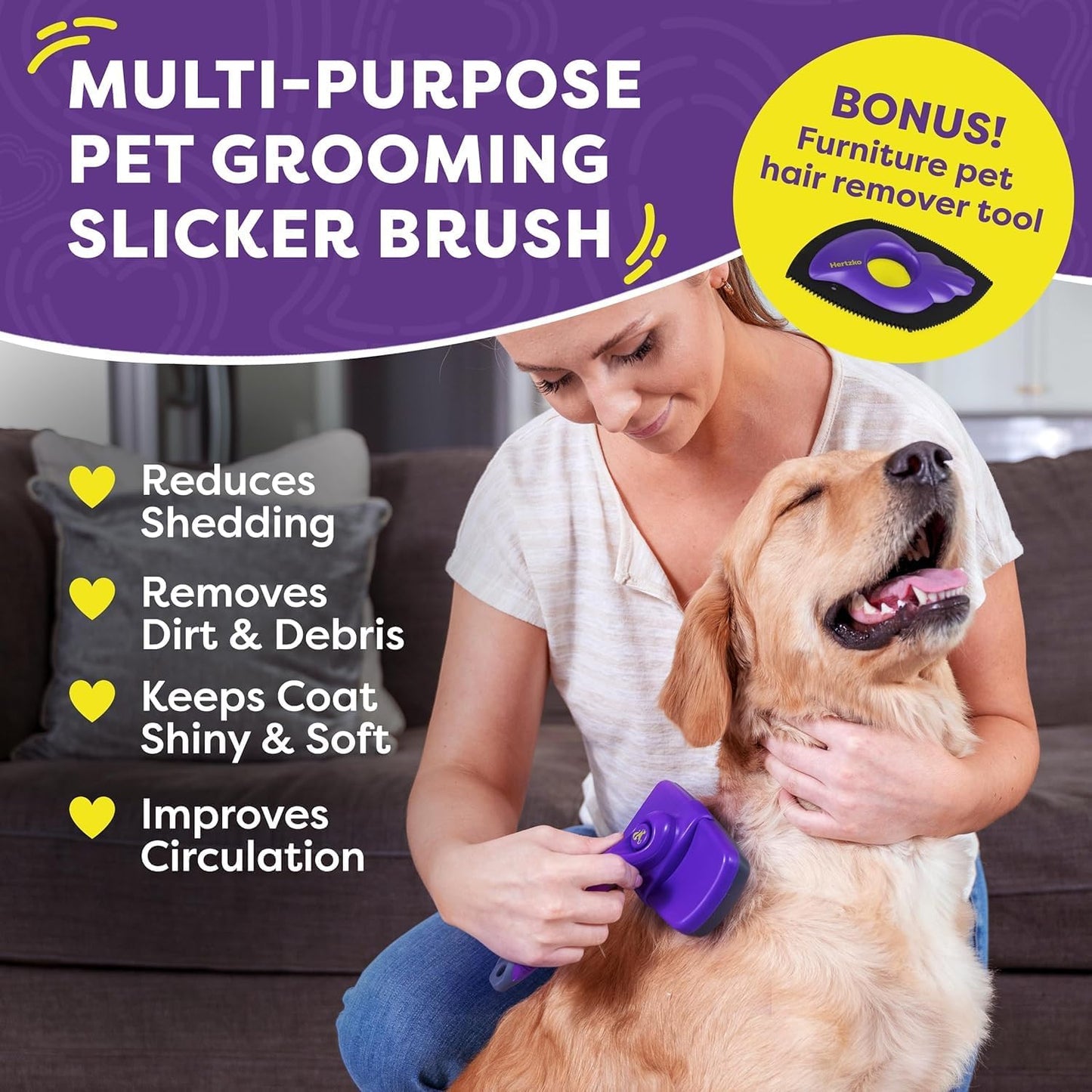 Hertzko Dog Slicker Brush and Dog Hair Remover - Self-Cleaning Brush for Cats and Dogs - Pet Hair Remover Brush for Fur - Gently Removes Mats, Tangles, and Loose Hair - Ideal for Home Use