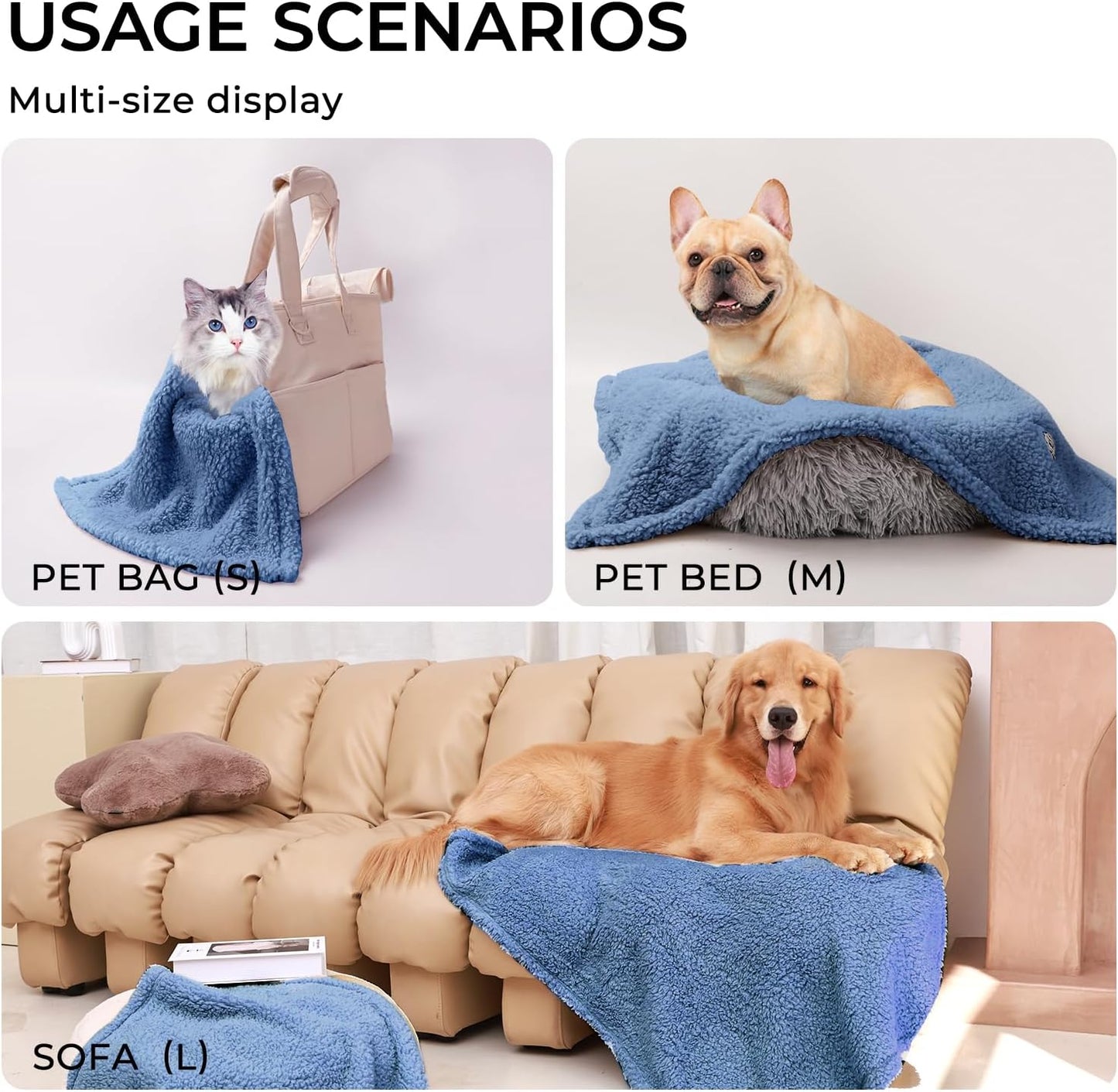 Luciphia 1 Pack 3 Calming Dog Blanket Fluffy Premium Fleece Pet Blankets Soft Sherpa Throw for Dogs Puppy Cat Grey/Beige/HazeBlue Large (41" x31")