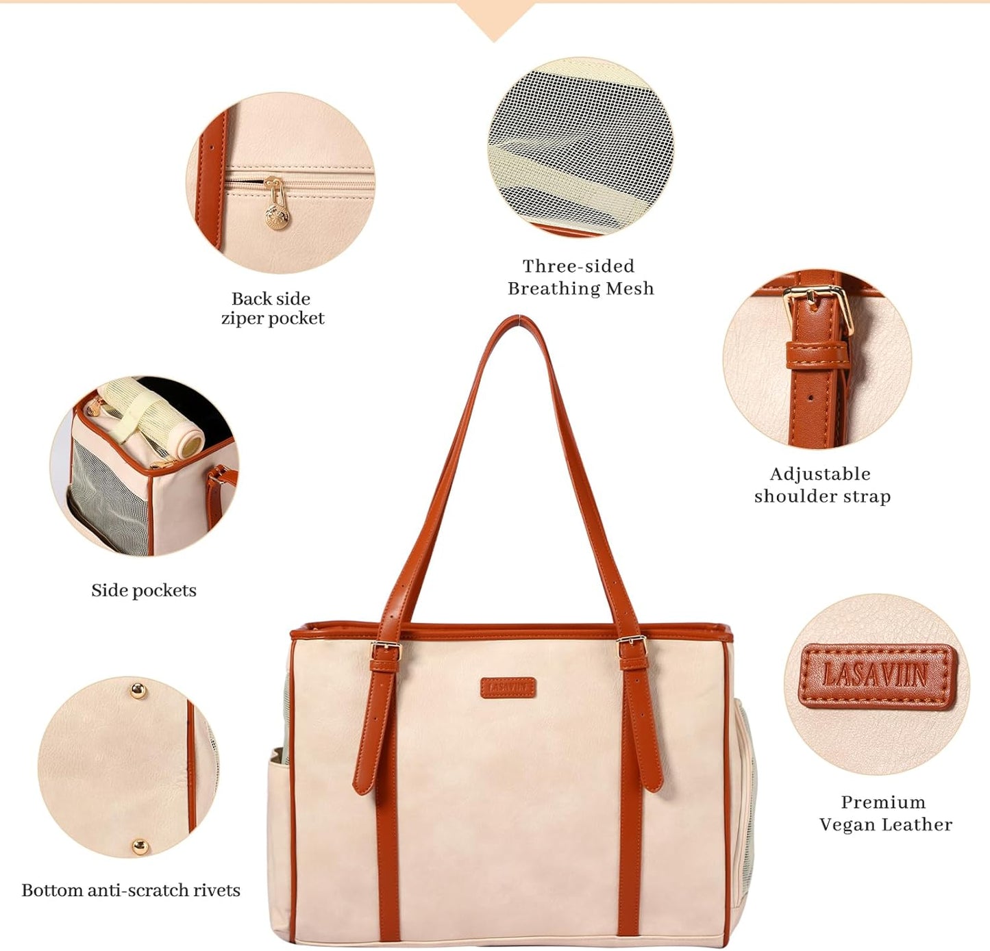 Fashion Dog Purse Pet Carrier Leather Bag for Small Dogs Cats Puppy, Portable Tote Bag Airline Approved Soft-Sided Carriers (Beign)