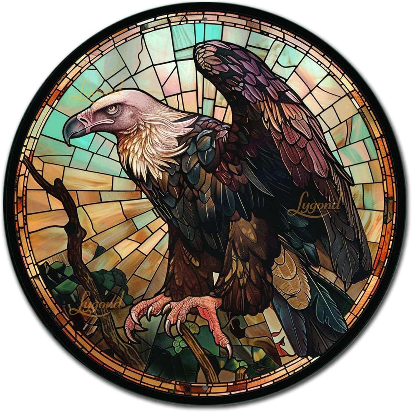 Lygond Metal Sign Tin Sign Circular Stained Glass Vulture Boho Office Decor for Pet 12×12 Inches
