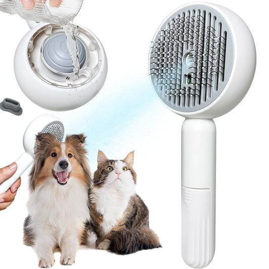 3-in-1 Steam Brush for Cats & Dogs – Hair Removal Comb with One-Click Release & Water Spray – Grooming Brush for Shedding, Long/Short Hair (white brushs-grey)