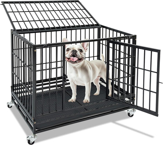 Stackable 36 Inch Dog Crate, Heavy Duty Indestructible Cage Escape Proof Collapsible Kennel with Open Top, Lockable Wheels, Removable Tray & Metal Grid for High Anxiety Medium/Small Dogs