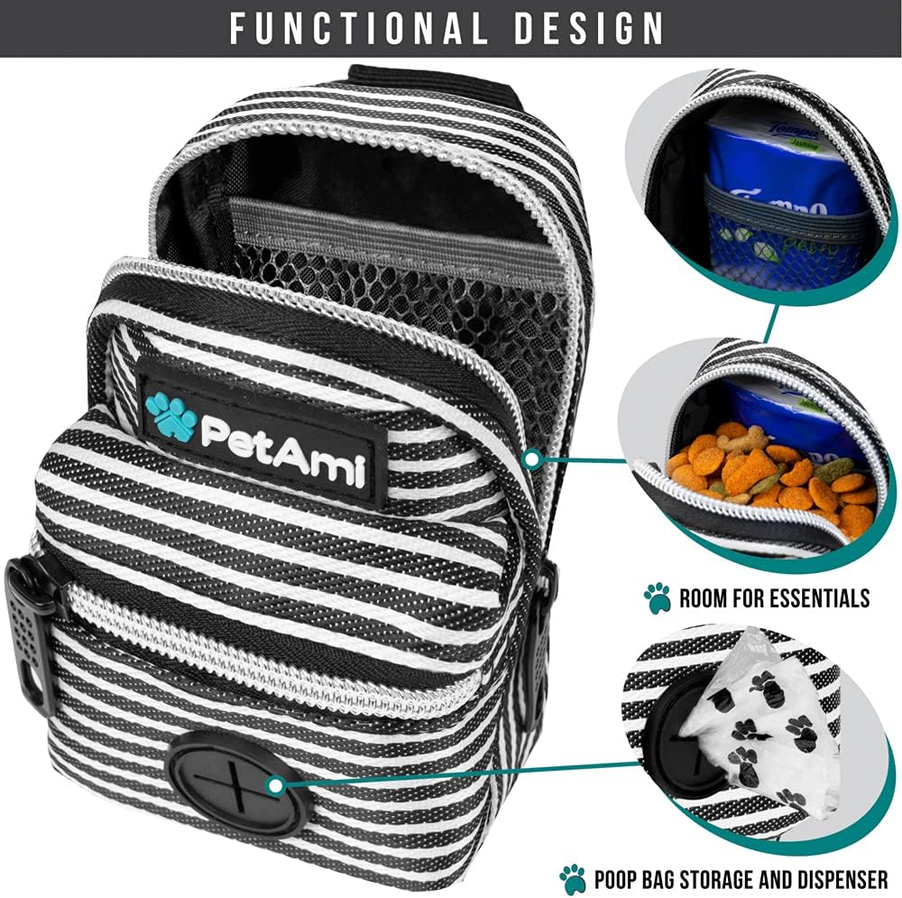 PetAmi Dog Poop Bag Holder for Leash, Dog Pet Waste Bag Dispenser For Poop With Clip, Doggy Puppy Walking Accessories Travel Camping, Dog Treat Pouch Supplies Must Have With Dog Bag Roll, Stripe Black