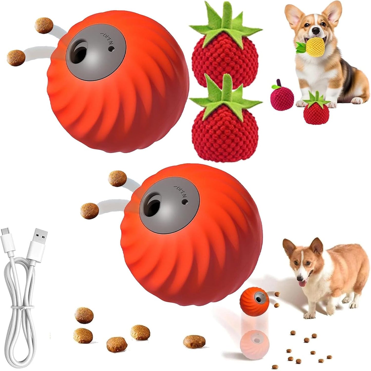 Zoomie Buddy 2.0, Zoomie Buddy for Dogs, 2 in 1 Smart Touch Interactive Dog Balls ＆ Pet Feeder, 2.83" Diameter, Suitable for Small/Medium Dogs, with Fruit Plush Cover (2*Orange, Tomato)