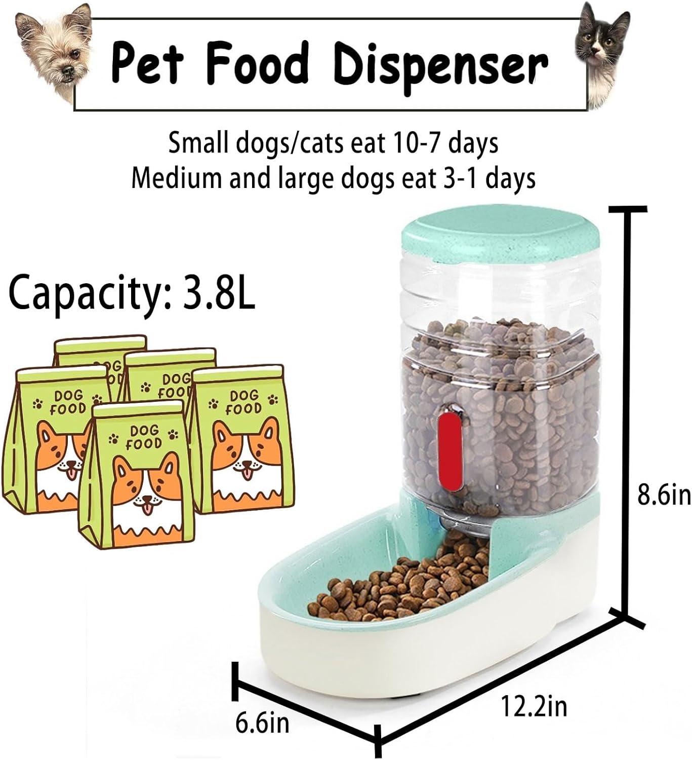 kathson Automatic Cat Feeder 1 Gallon Gravity Dog Food Dispenser Large Capacity Self Feeding Pet Food Bowl Station for Puppy Kitten Rabbit Green