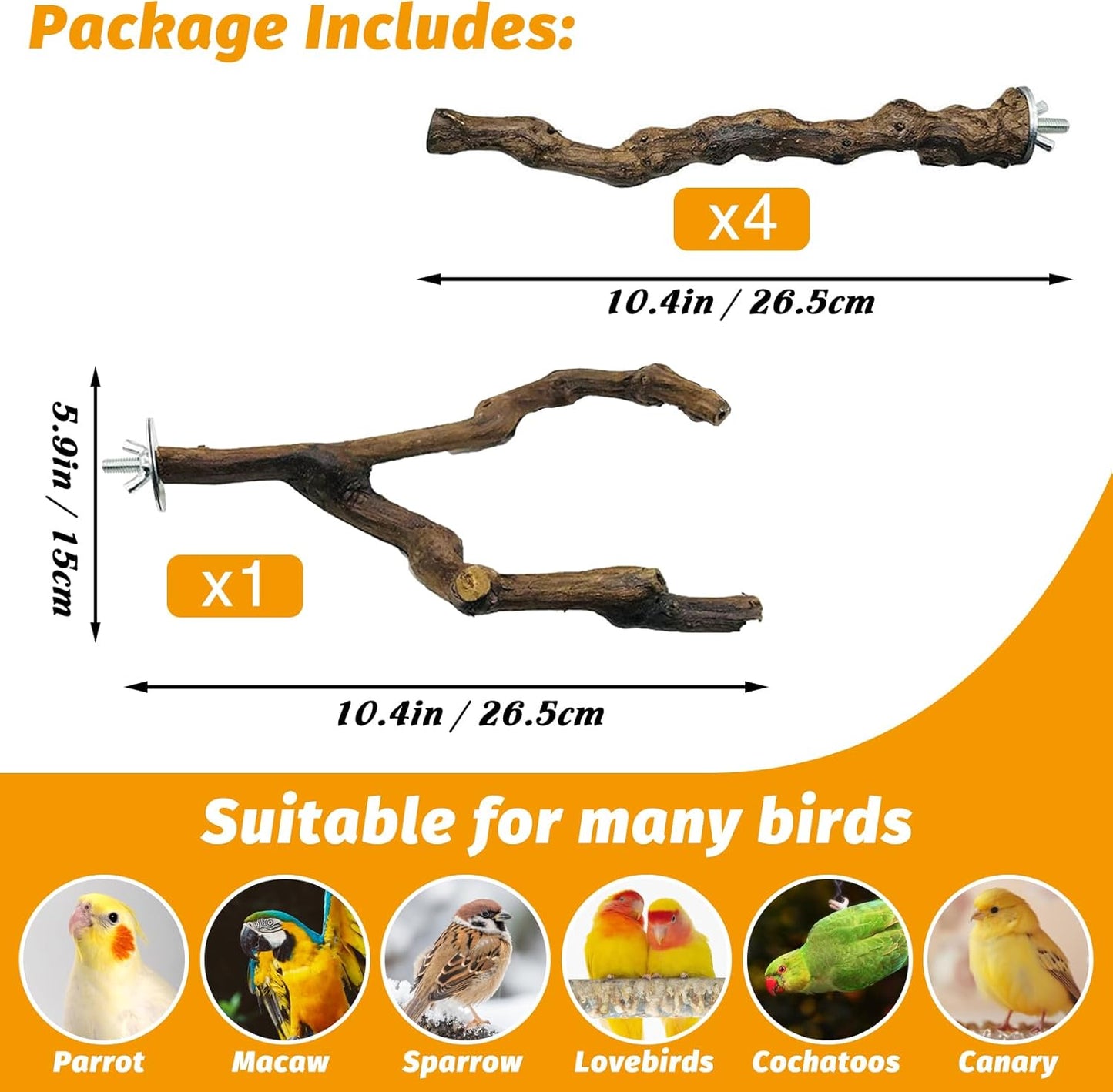 kathson 5pcs Natural Parrot Perch for Cage Wooden Bird Perches Grape Bird Stick Parakeet Climbing Standing Branches Toy Chewable Cage Accessories for Small Budgies Cockatiels Lovebirds Budgies