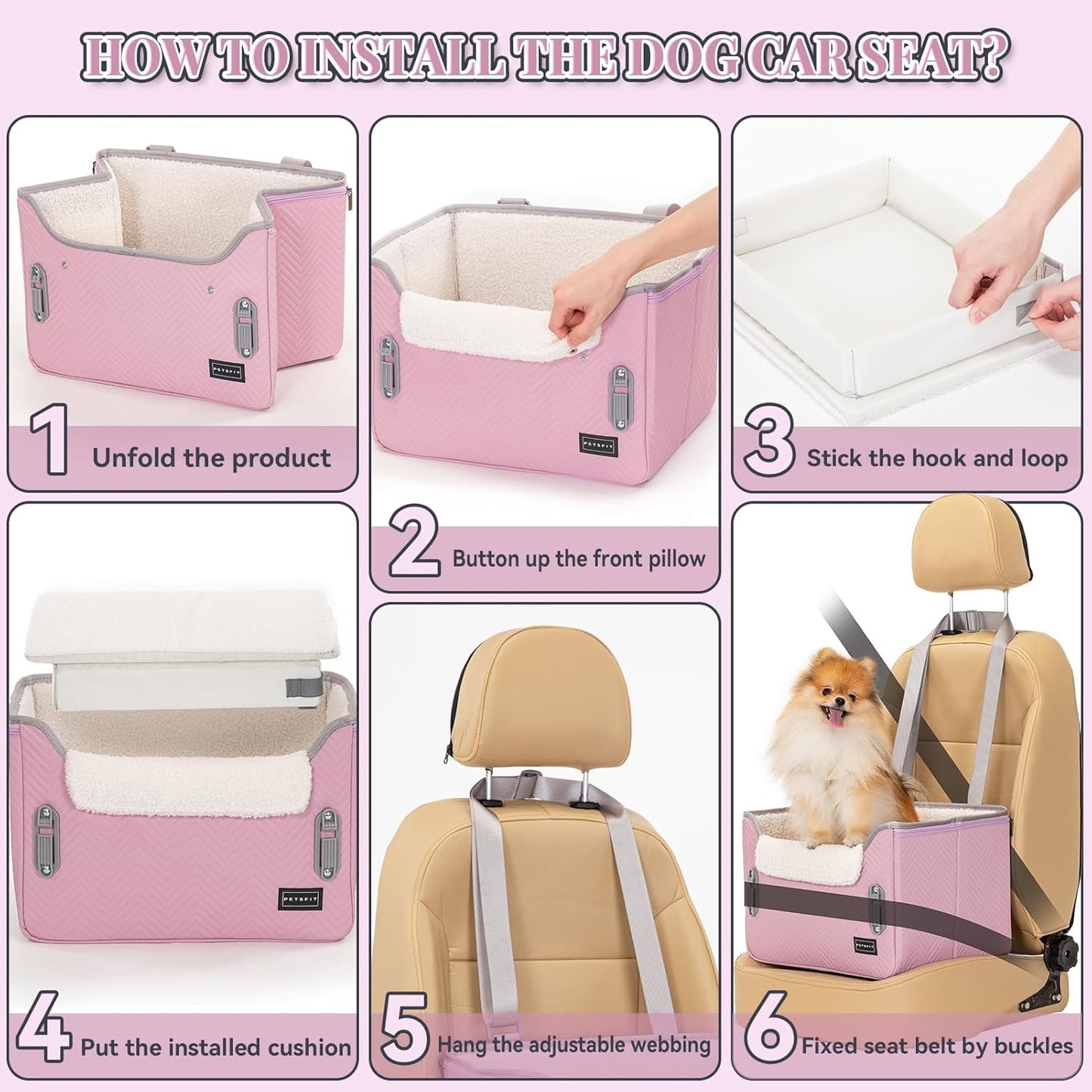 PETSFIT Dog Car Seats for Small Dogs, Portable Puppy Car Saet for Car with Clip-On Leash, Adjustable Straps Suitable for Small Pets Up to 25lbs (Light Pink)