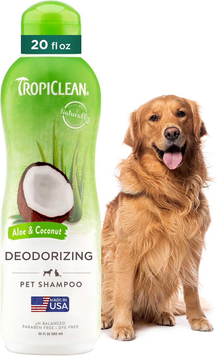 TropiClean Deodorizing Dog Shampoo for Smelly Dogs, Powerful Odor Control, Puppy Safe, Made in the USA, Aloe & Coconut Scent, Cat Friendly, 20oz.