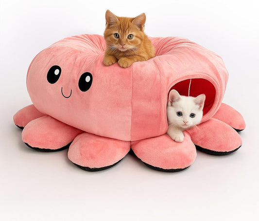 Cat Tunnel Bed for Indoor Cats, Peekaboo Cat Cave Bed,Soft Cat Donut Tunnel for Kitten Large Cats, Cute Pink Octopus Shaped