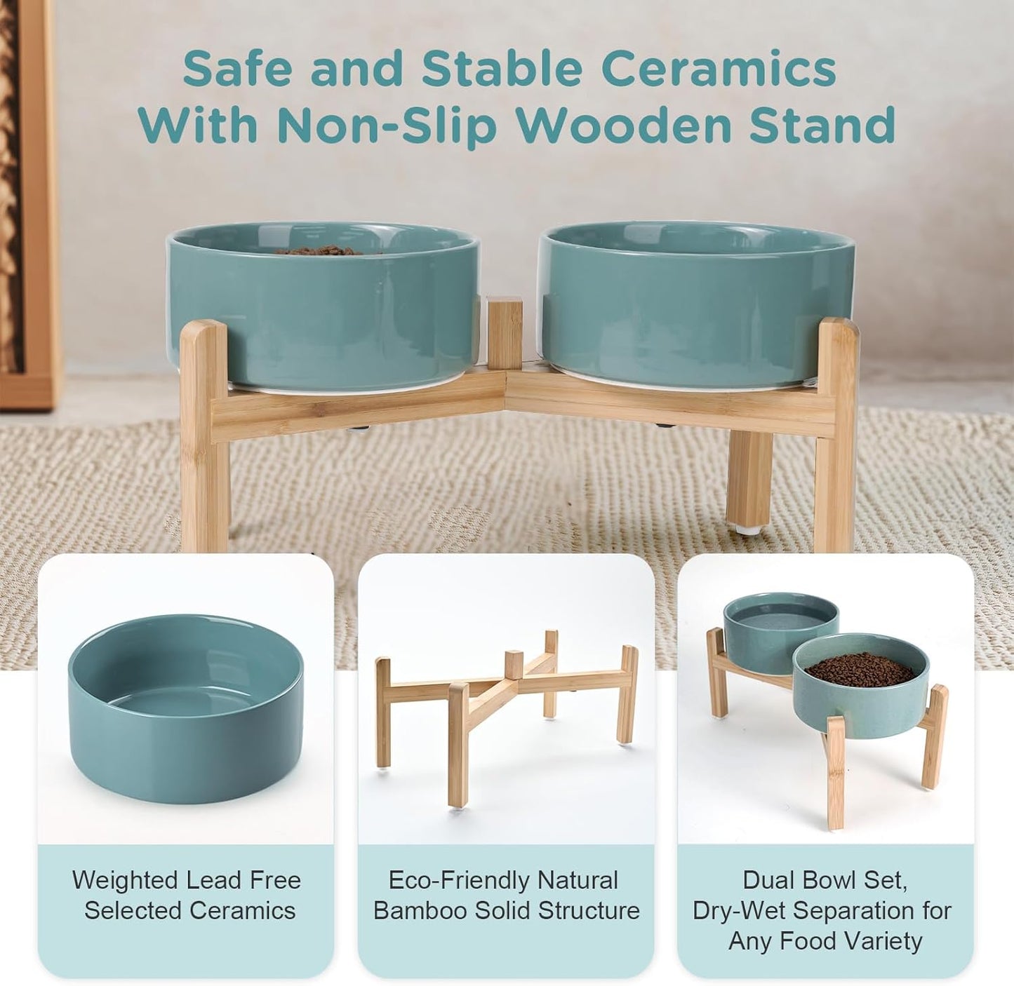 SPUNKYJUNKY Elevated Dog Bowls Ceramic, 7.3'' Dogs Food Water Bowls Raised with Non-Slip Bamboo Stand for Medium to Large Sized Breed Microwave Dishwasher Safe - 42 OZ,Dark Green