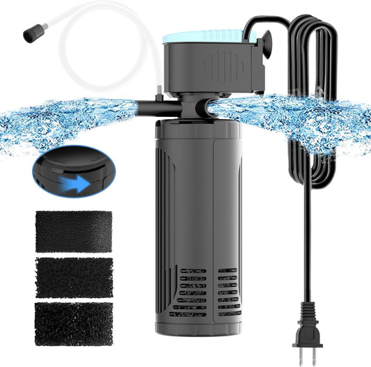 AquaMiracle Submersible Aquarium Filter 3-Stage in-Tank Filter with Dual Water Outlet & Aeration, Water Flow Adjustable 225GPH Internal Fish Tank Filter for 20-70 Gallon Aquariums