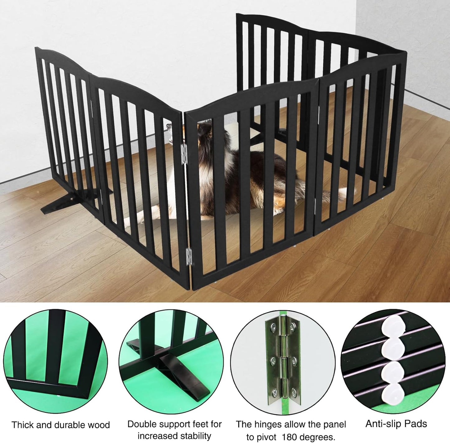 ZJSF Foldable Freestanding Indoor Dog Gate for House Wood White Long Pet Gates Dog Fence for Stairs Puppy Gates for Hallways, Puppy Gate,Support Feet Included, Black, 24 "Height-6 Panels