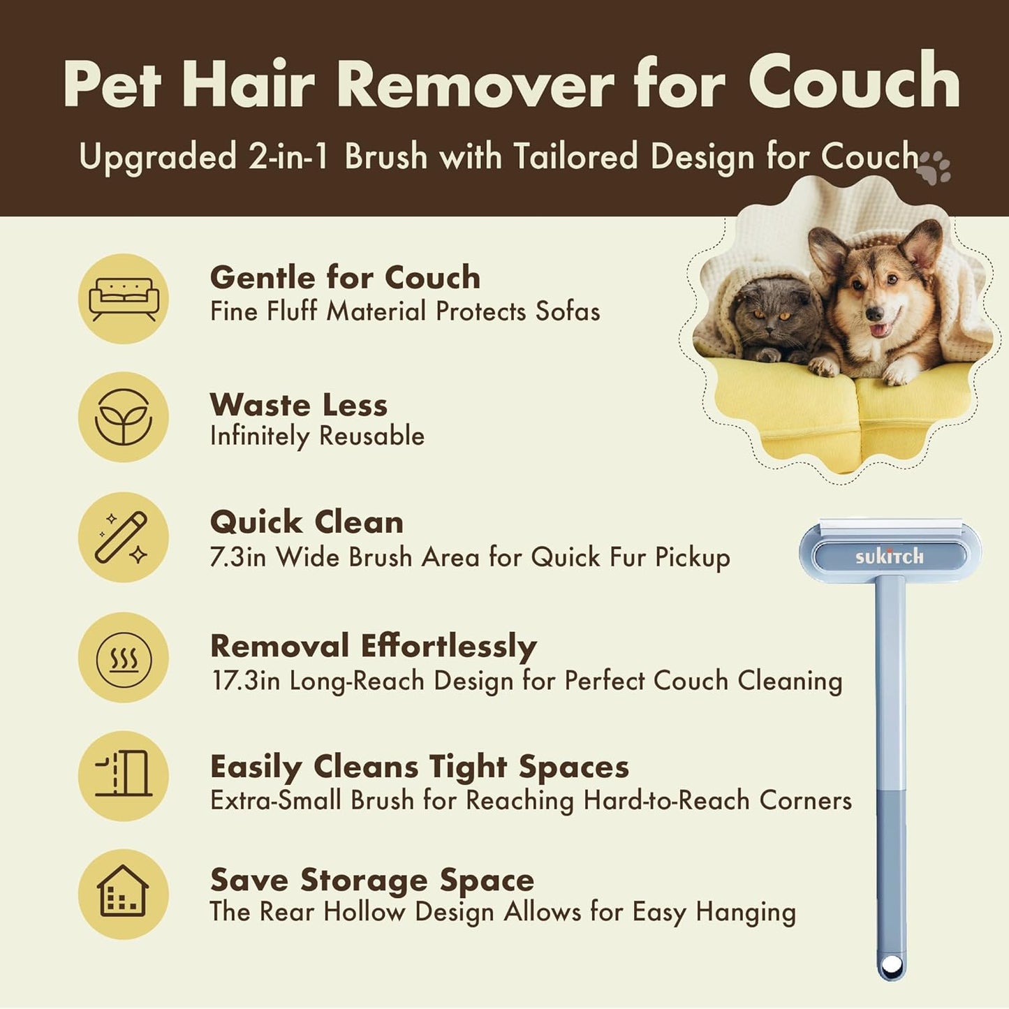 Pet Hair Remover for Couch, Grey, 17.3Inch, Durable, Reusable, Washable Lint Cleaner for Dog and Cat Hair, Gentle on Furniture, Effective on Carpets, Clothing, Bedding